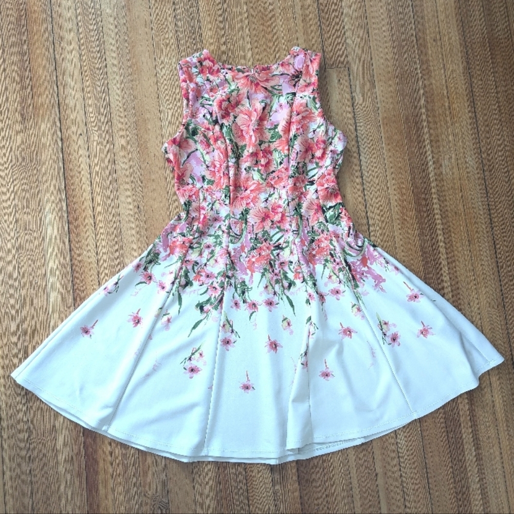 Danny & Nicole Pink And White Floral Sleeveless Scuba Knit Fit And Flare Dress